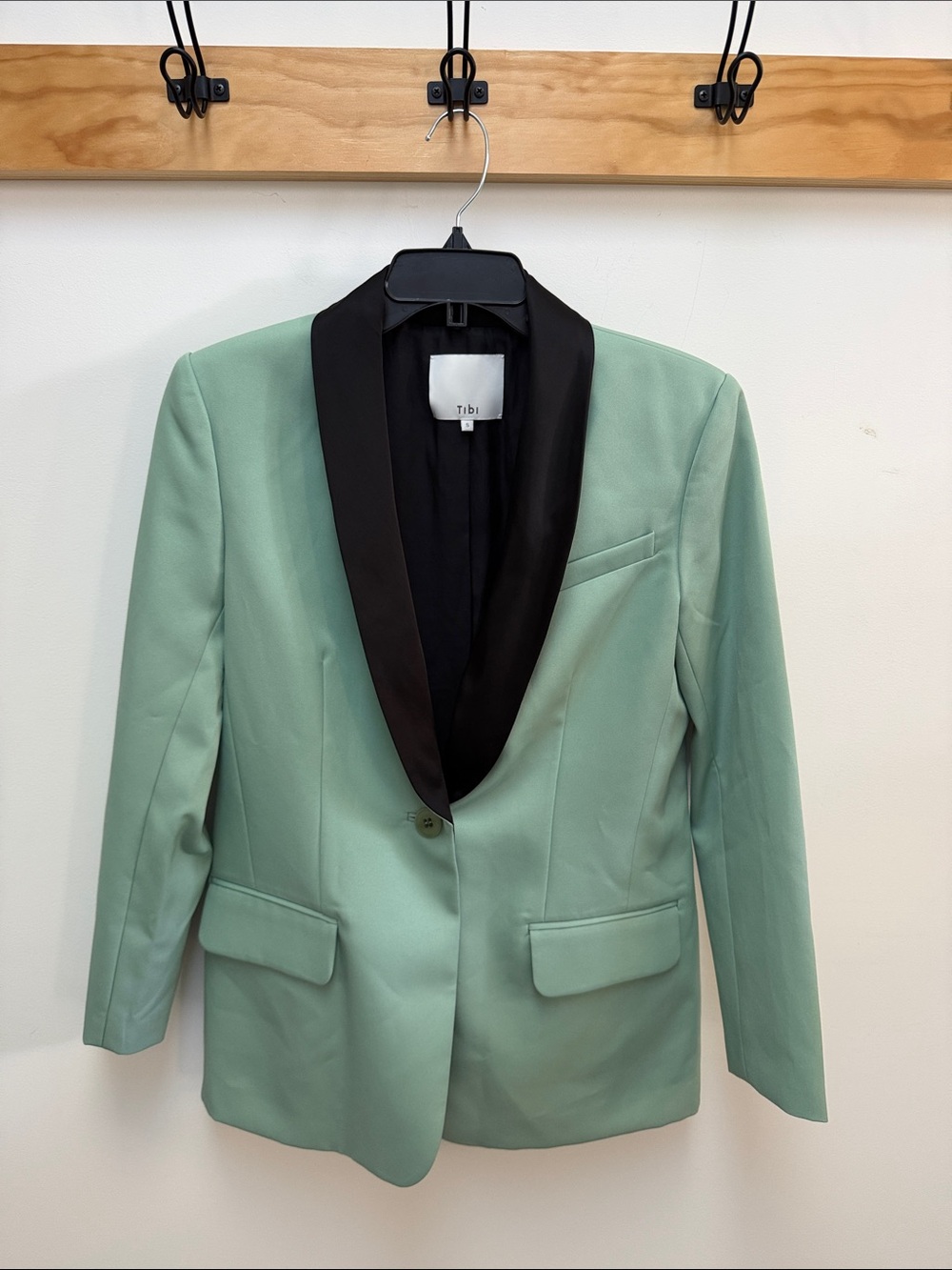 Tibi Mint Green Blazer with Black Shawl Lapel